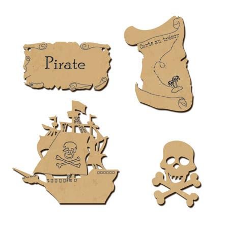 Sujet en bois médium - Ass.Pirates - Dimensions du bâteau 6 x 6 cm - 4 pcs