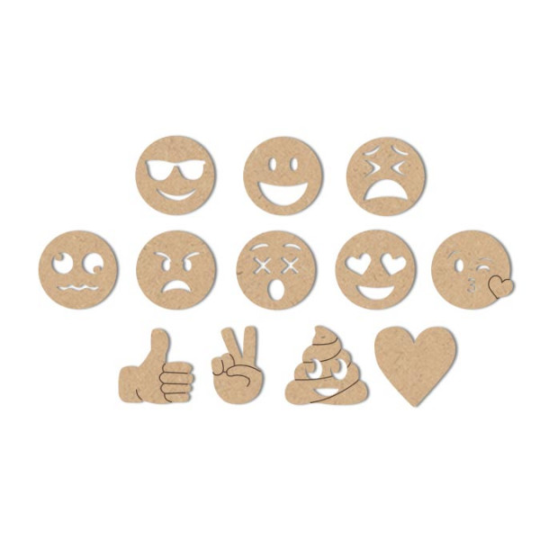 Emojis en bois médium - H. 3 cm - 12 pcs