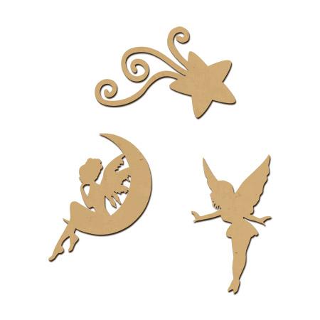 Sujet en bois médium - Ass.deux fées et une étoile - Dimensions de la fée sur la lune 5 x 2,8 cm - 3 pcs