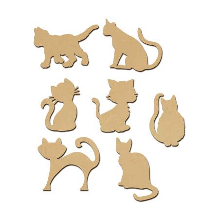 Sujet en bois médium - Ass.de sept chats - Dimensions du chat moustache 4 x 3 cm