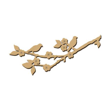 Sujet en bois médium - Deux oiseaux sur un cerisier - 11 x 3,5 cm