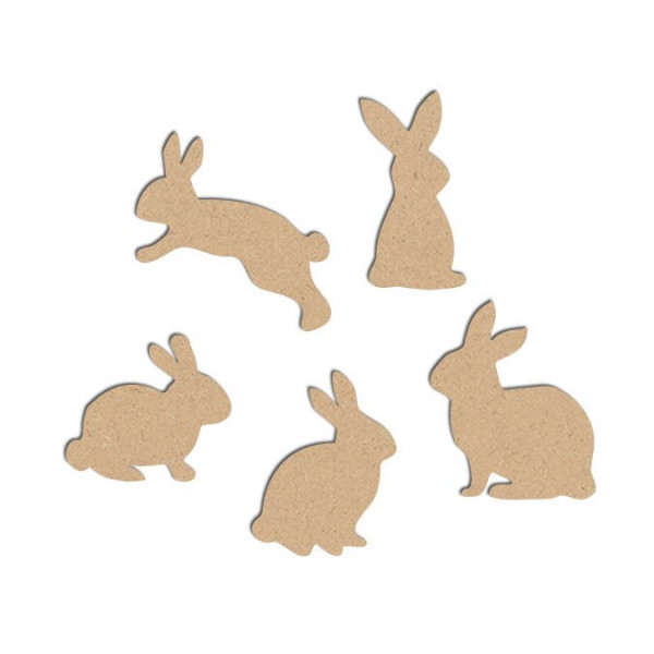Lot de 5 lapins en bois médium - Lapin saut : 5 x 3,8 cm