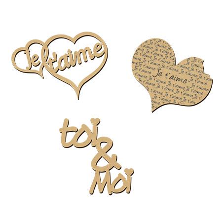Sujet en bois médium - Ass.Amour - Dimensions du cœur gravé 4,4 x 3,5 cm - 3 pcs