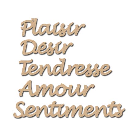 Mot en bois médium - Ass. 5 mots amour - Dimensions du mot Sentiments : 9 x 1,3 cm