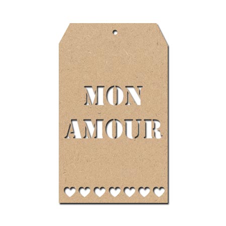 Sujet en bois médium - Etiquette Mon amour - 8 x 4,8 cm