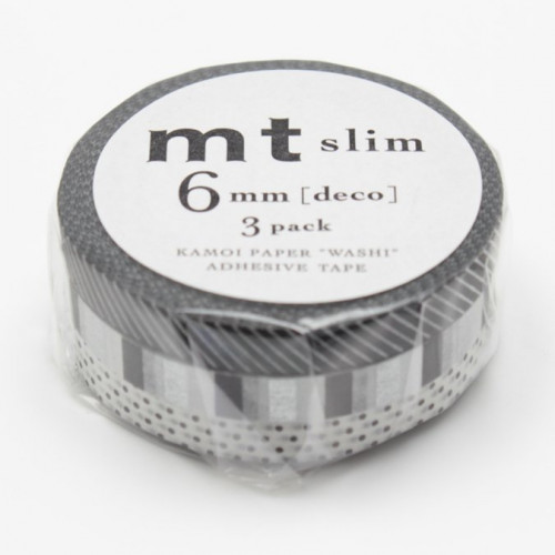 Masking Tape - Slim - Pois et rayures noirs - 0,6 cm x 10 m - 3 rouleaux