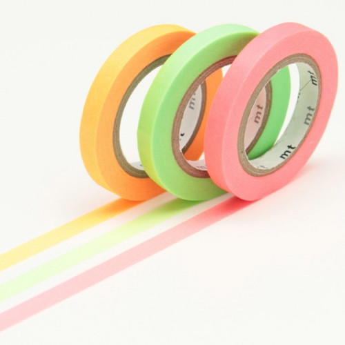 Masking Tape - Uni slim fluo - jaune / rose / vert - 0,6 cm x 10 m - 3 rouleaux