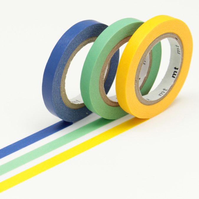 Masking Tape - Uni slim - jaune / bleu / vert - 0,6 cm x 10 m - 3 rouleaux