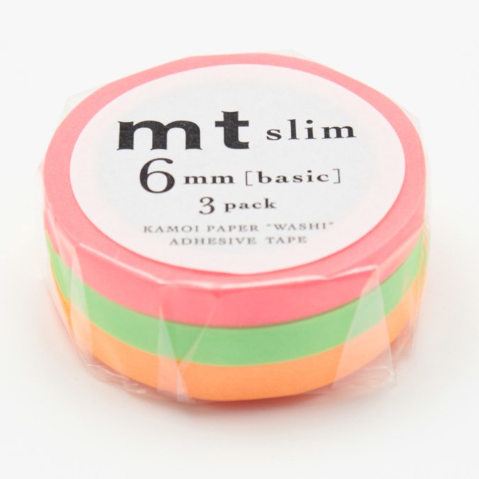 Masking Tape - Uni slim fluo - jaune / rose / vert - 0,6 cm x 10 m - 3 rouleaux