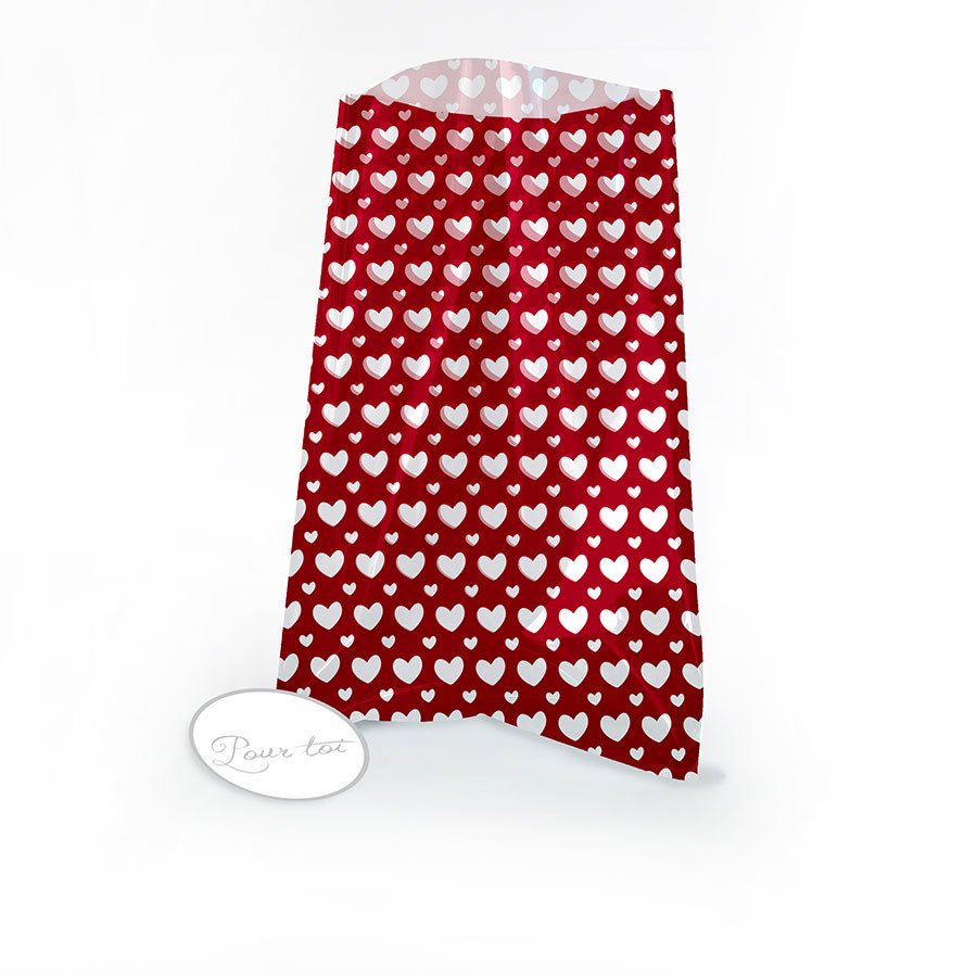 Lot de 12 sachets cadeau + étiquettes - Rouge à cœurs - 12 x 18 cm