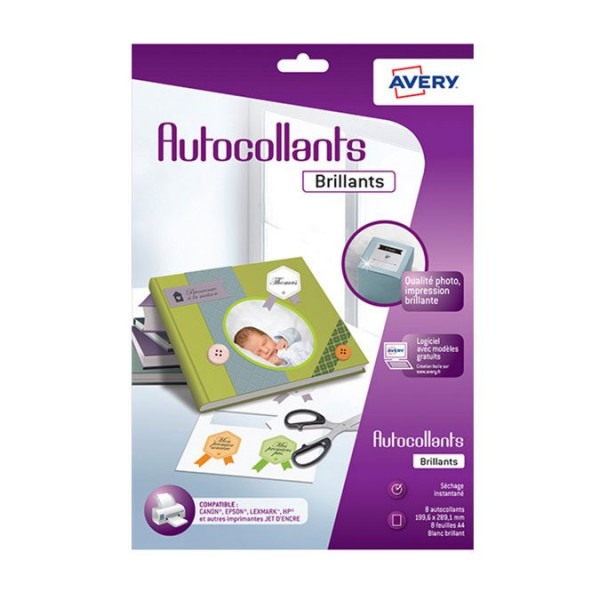 Feuilles autocollantes imprimables - A4 - blanc brillant - 8 pcs