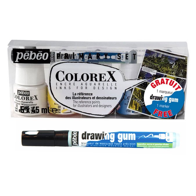 5 encres aquarelle Colorex 45 ml + 1 marqueur Drawing Gum