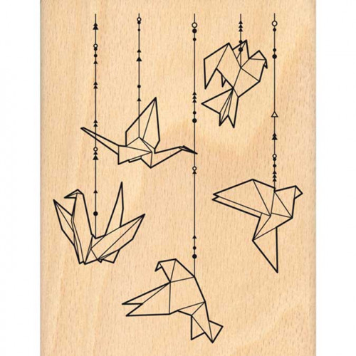 Envolée poétique - Tampon Bois - Oiseaux Origami - 10 x 13 cm
