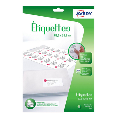 Etiquettes à adresse Blanc mat 38,1 x 63,5 mm 252 pcs sur 12 feuilles A4