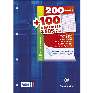 Bloc de papier A4 grands carreaux 200 feuilles + 100 gratuites A4
