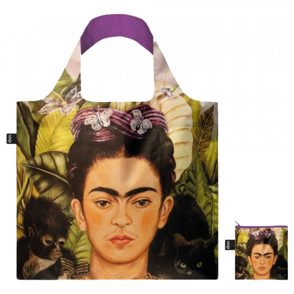 Sac shopping pliable avec pochette zip F. Kahlo Autoportrait avec un oiseau chantant - Loqi