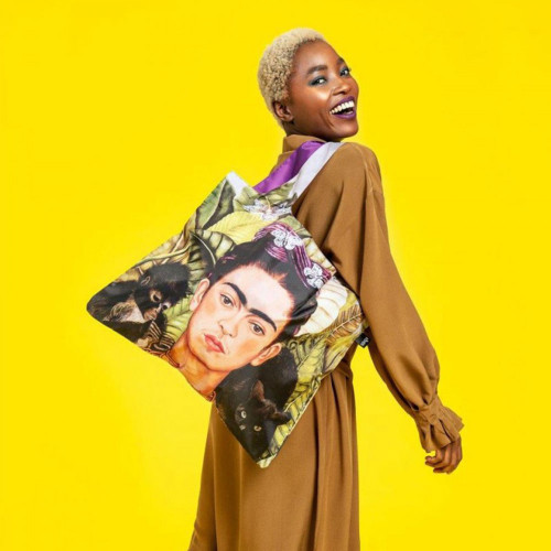 Sac shopping pliable avec pochette zip F. Kahlo Autoportrait avec un oiseau chantant - Loqi